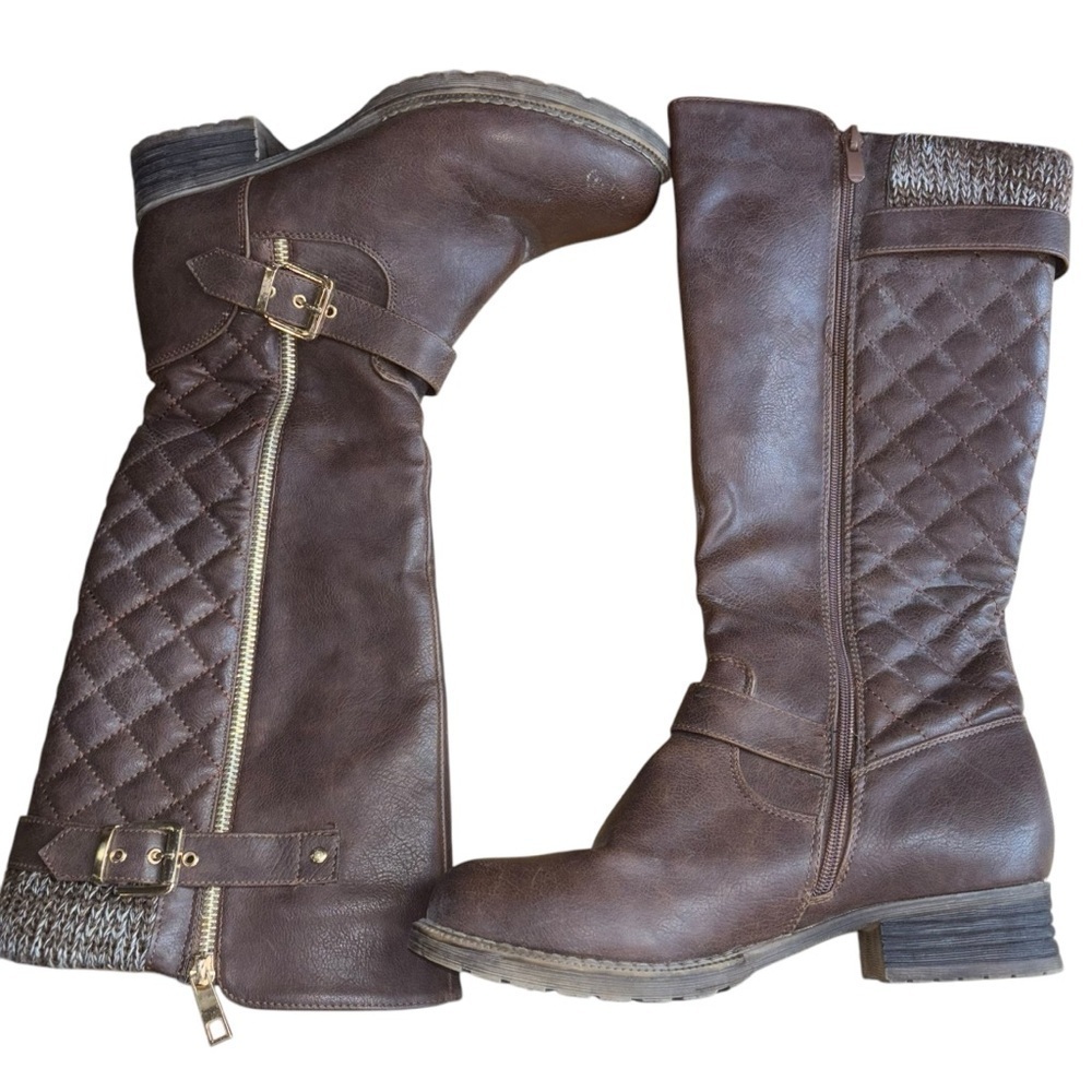 Knee High Brown Quilted Knit Riding Boots Women’s 7.5 Gold Buckle Zipper Accent - Picture 5 of 16